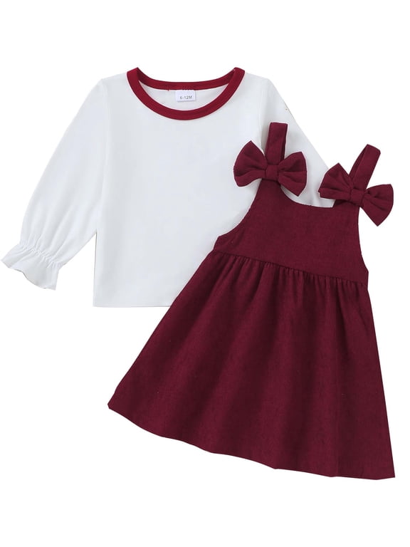 2T Toddler Girl Outfit Set 3T Child Girls Clothing Long Sleeves T-shirt Top Bowknot Suspender Dress 2pcs Skirt Set Red
