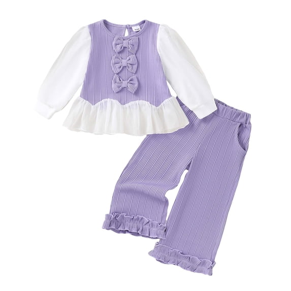 Yaoqi 2T Toddler Girl Outfit Set 3T Child Girls Clothing Ruffle Puff Long Sleeves Bowknots Color Block Top Pants 2pcs Clothes Purple