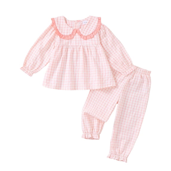 Yaoqi 2T Toddler Girl Outfit Set 3T Child Girls Winter Clothes Peter Pan Collar Long Sleeves T-shirt T op Plaid Pants 2pcs Sweet Clothing Pink