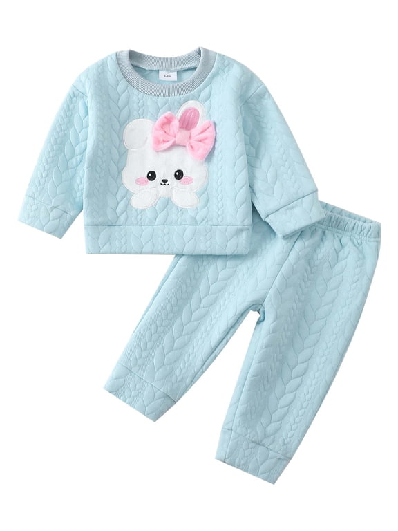 3 Months Newborn Baby Girl Outfit Set 6 Months Winter Clohtes Long Sleeves Rabbut Pullover Sweatshirt Top Solid Color Pants 2pcs Warm Clothing Blue