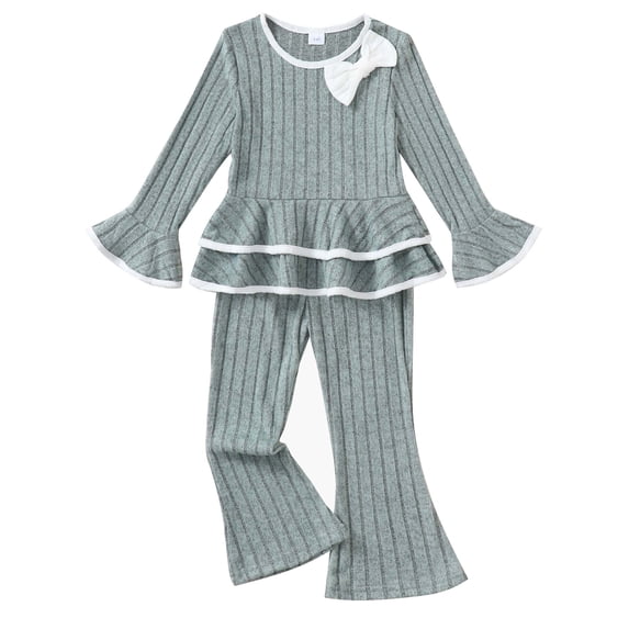 Yaoqi 3T Toddler Girl Outfit Set 4T Child Girls Clothes Ruffle Long Sleeves Bowknot Top Solid Color Flared Pants 2pcs Clothing Green