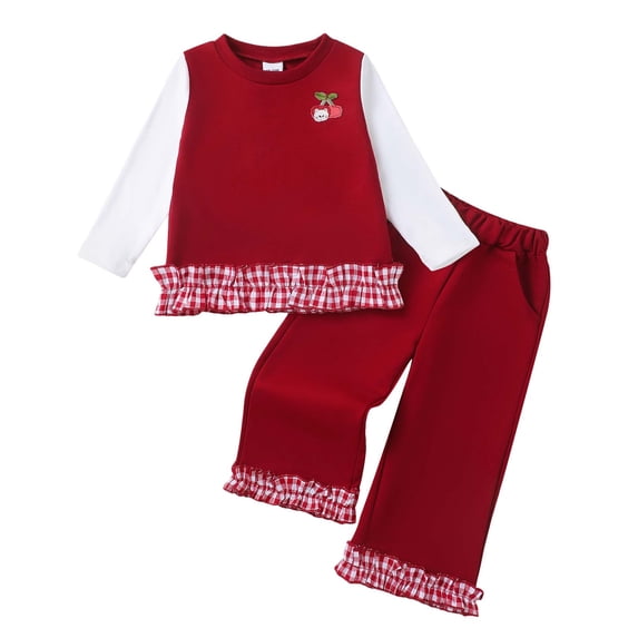 Yaoqi 3T Toddler Girl Outfit Set 4T Child Girls Clothing Ruffle Long Sleeves Cherry Embroidery Top Wide Leg Pants 2pcs Clothes Red