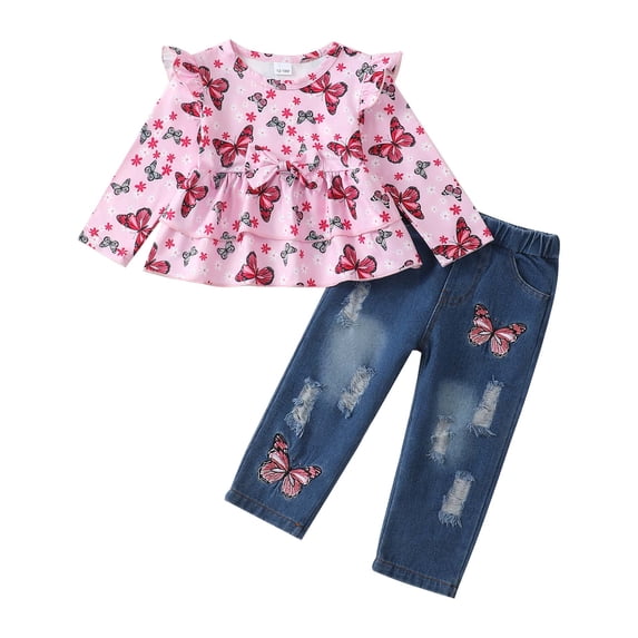 Yaoqi 3T Toddler Girl Outfit Set 4T Child Girls Winter Clothes Ruffle Long Sleeves Bowknot Butterfly Top Floral Ripped Denim Pants 2pcs Clothing Pink