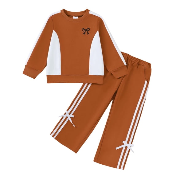Yaoqi 4T Toddler Girl Outfit Set 5T Child Girls Clothes Long Sleeves Color Block Pullover Sweatshirt Top Bowknots Wide Leg Pants 2pcs Clothing Brown