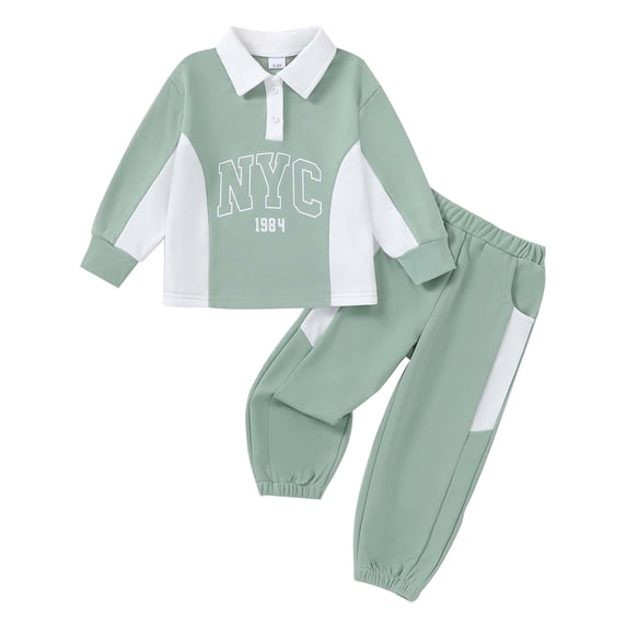 Yaoqi 4T Toddler Girl Outfit Set 5T Child Girls Clothes Long Sleeves Letter Print Sweatshirt Top Color Block Pants 2pcs Clothing Green