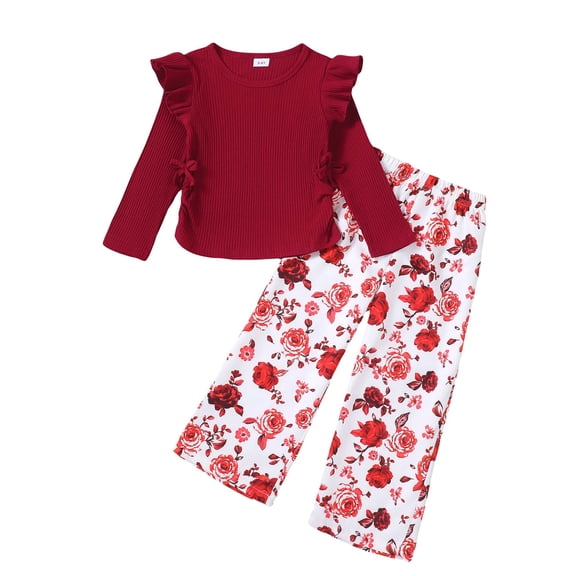 Yaoqi 4T Toddler Girl Outfit Set 5T Child Girls Clothes Ruffle Long Sleeves Knitted Top Floral Wide Leg Pants 2pcs Clothing Red