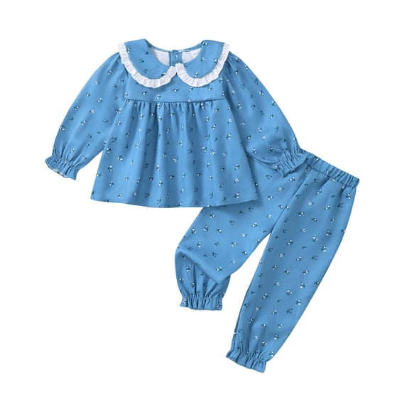 Yaoqi 4T Toddler Girl Outfit Set 5T Child Girls Winter Clothes Peter Pan Collar Long Sleeves T-shirt T op Floral Pants 2pcs Sweet Clothing Blue