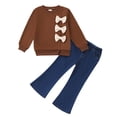 thumbnail image 1 of Yaoqi 5T Little Girl Outfit Set 6T Child Girls Clothes Long Sleeves Bowknot Sweatshirt Top Flared Denim Pants 2pcs Clothing Brown, 1 of 6