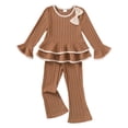 thumbnail image 1 of Yaoqi 5T Little Girl Outfit Set 6T Child Girls Clothes Ruffle Long Sleeves Bowknot Top Solid Color Flared Pants 2pcs Clothing Khaki, 1 of 7
