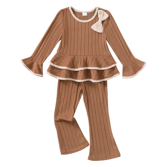 Yaoqi 5T Little Girl Outfit Set 6T Child Girls Clothes Ruffle Long Sleeves Bowknot Top Solid Color Flared Pants 2pcs Clothing Khaki