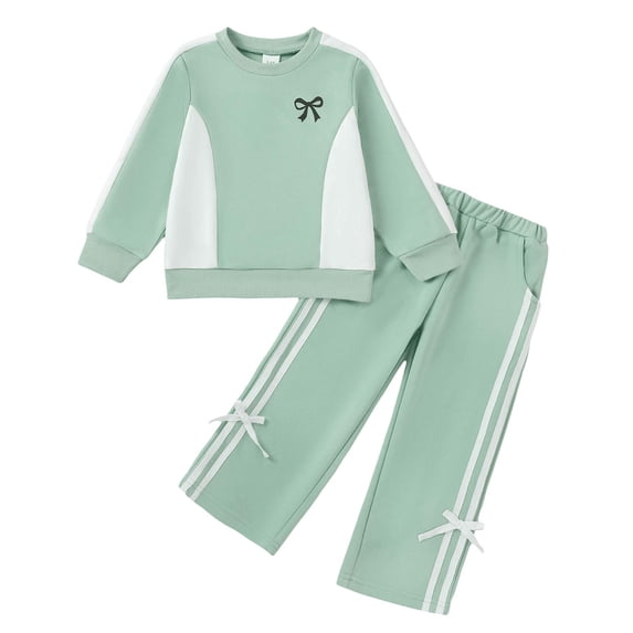 Yaoqi 6T Little Girl Outfit Set 7T Child Girls Clothes Long Sleeves Color Block Pullover Sweatshirt Top Bowknots Wide Leg Pants 2pcs Clothing Green
