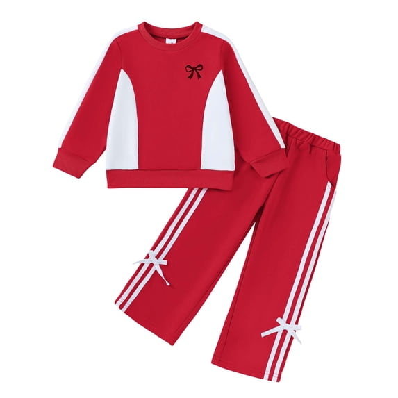 Yaoqi 6T Little Girl Outfit Set 7T Child Girls Clothes Long Sleeves Color Block Pullover Sweatshirt Top Bowknots Wide Leg Pants 2pcs Clothing Red