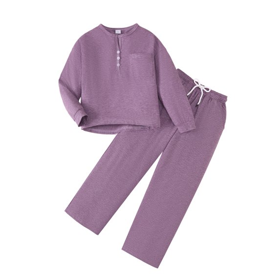 Yaoqi 7 Years Big Girl Outfit Set 8 Years Child Girls Clothes Long Sleeves Pullover Top Solid Color Pants 2pcs Clothing Purple