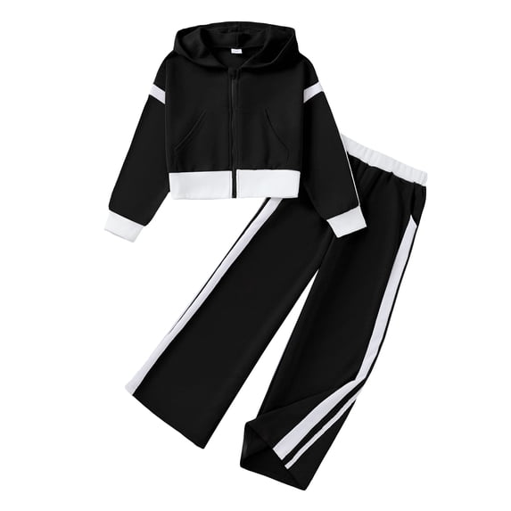 Yaoqi 9 Years Big Girl Outfit Set 10 Years Child Girls Winter Clothes Long Sleeves Zipper Sweatshirt Hooded Coat Color Block Wide Leg Pants 2pcs Warm Clothing Black