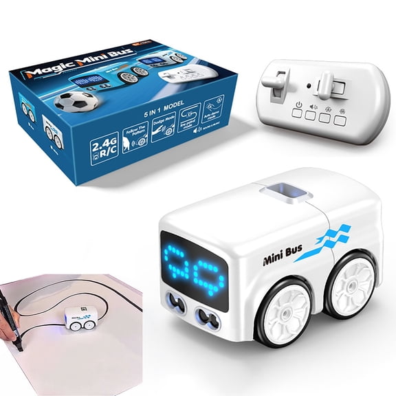 Yaouit Magic Mini Bus Toy, Magic Follows Line Car, Rc-Controlled with Expression Light Adjustment & 4 Play Modes, Automatic Avoidance Patrol Line, Follow Gesture & Remote Driving