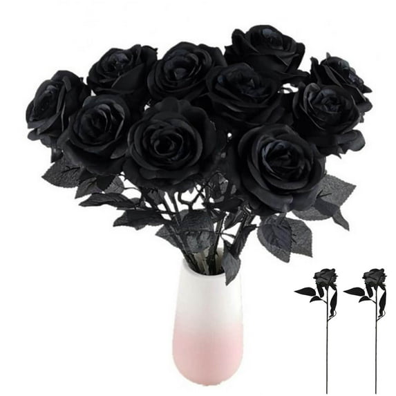 Yaoyar 24PCS Black Roses Artificial Flowers Halloween, Black Fake Rose with Long Stem, Fake Black Roses Bouquet for Wedding Party Home Gothic Halloween Decor