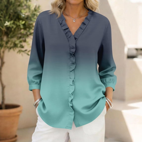 Ounisa 3/4 Length Sleeve Womens Tops Ruffle V Neck Cotton Linen Shirts Trendy Button Up Summer Tops Elbow Sleeve Tunic Blouse