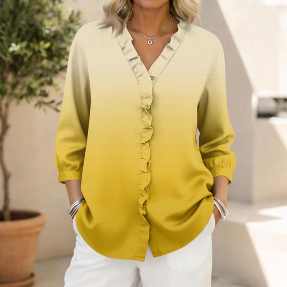 Ounisa 3/4 Length Sleeve Womens Tops Ruffle V Neck Cotton Linen Shirts Trendy Button Up Summer Tops Elbow Sleeve Tunic Blouse