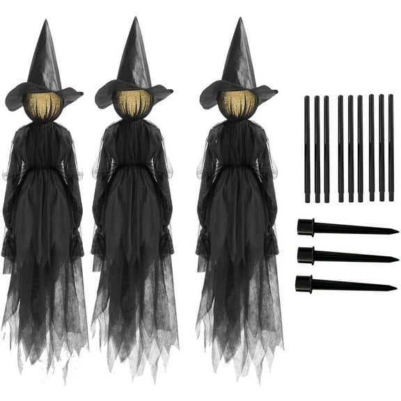 Yaoyar 3 PCS Halloween Witch Decorations Outdoor, Light-Up Holding Hands Halloween Witches with Stakes, Voice Control Screaming Lighted Witches Waterproof Life Size for Outdoor Halloween Decor