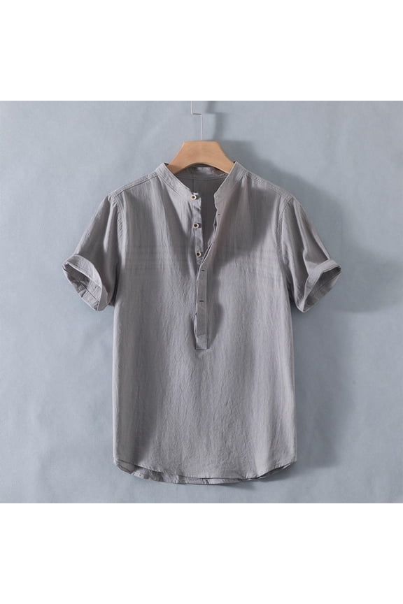 Band Collar Linen Shirt Men Short Sleeve Half Button Gauze Tee Shirts Henley Neck Beach Hippie House Pullover Tops