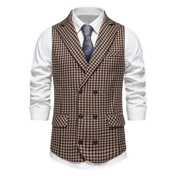 Yaoyar Blazer Vest Mens Slim Fit Double Breasted Lapel V Neck Button Sleeveless Waistcoats Pocket Plaid Business Wedding Prom Tops Casual Street Jacket Coffee 2XL
