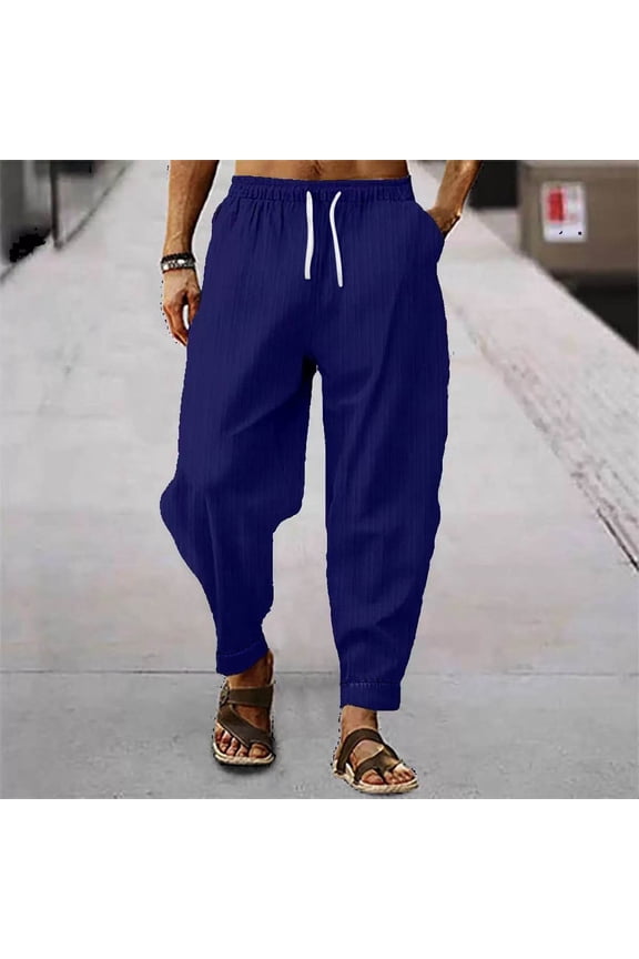Breathable Summer Pants for Men, Solid Color Drawstring Trousers with Lightweight Feel, Casual Warm Weather Bottoms
