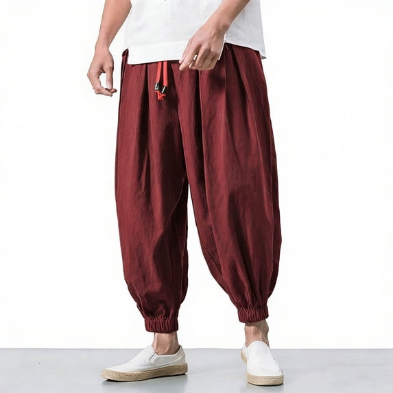Yaoyar Cargo Linen Pants for Men Baggy Harem Pant Hippie Beach Yoga Casual Drop Crotch Trouser