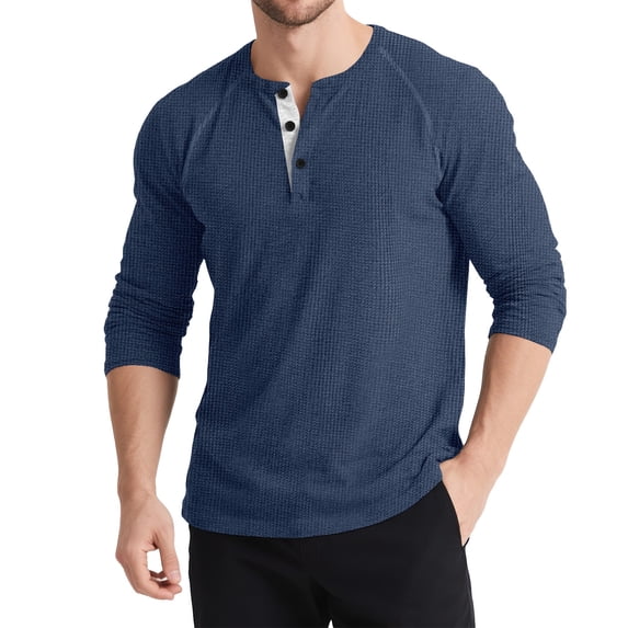 Yaoyar Casual Long Sleeve Crew Neck Retro T-Shirt for Men Three-Button Accent Waffle-Knit Solid Color Color-Block Top Versatile Daily Wear Comfortable Tees
