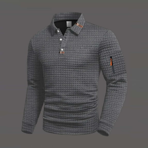 Yaoyar Checkered Pattern Polo for Men, Solid Color Long Sleeve Button Down Collared Shirt with Small Print, Casual Sport Top