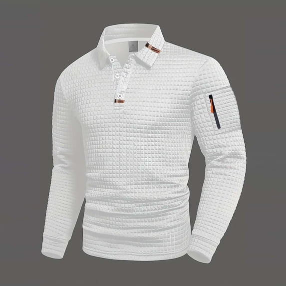 Yaoyar Checkered Pattern Polo for Men, Solid Color Long Sleeve Button Down Collared Shirt with Small Print, Casual Sport Top