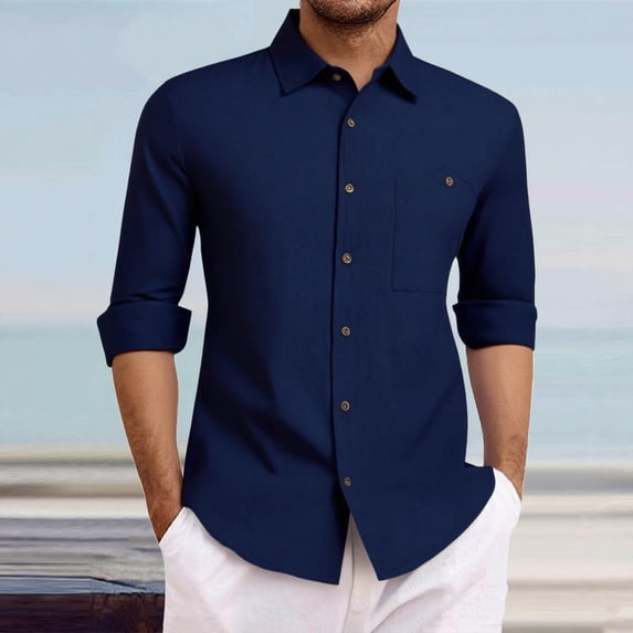 Yaoyar Classic Button Front Shirt for Men, Solid Color Long Sleeve Collared Top with Pockets, Timeless Casual Wear Shirt