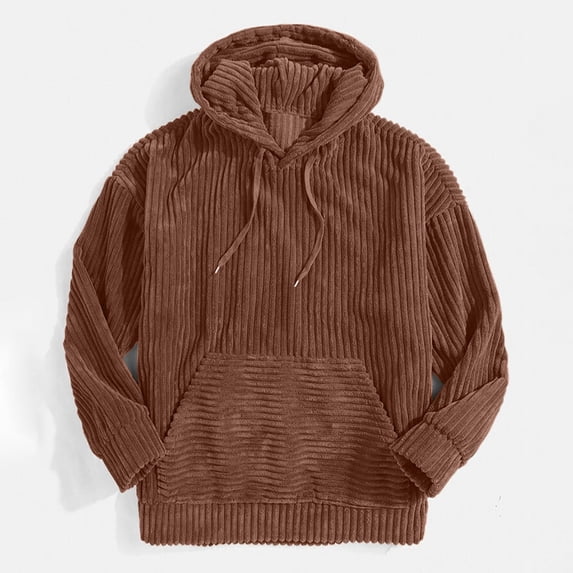 Yaoyar Corduroy Hoodies for Men, Fall Winter Loose Sports Warm Long Sleeve Hooded Sweatshirt Drawstring Casual Pullover Sweater With Pocket,Brown,L