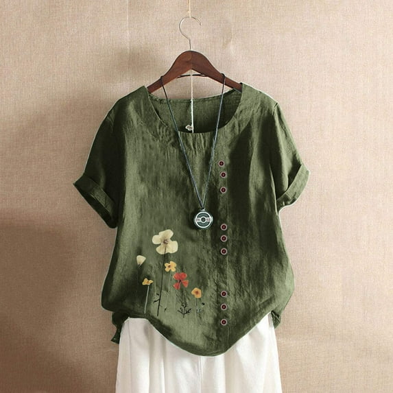 Yaoyar Cotton Linen Tops for Womens 2024 Crewneck Roll Up Short Sleeve Tshirt Trendy Floral Print Casual Loose Blouse