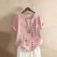 thumbnail image 1 of Yaoyar Cotton Linen Tops for Womens 2024 Crewneck Roll Up Short Sleeve Tshirt Trendy Floral Print Casual Loose Blouse, 1 of 5