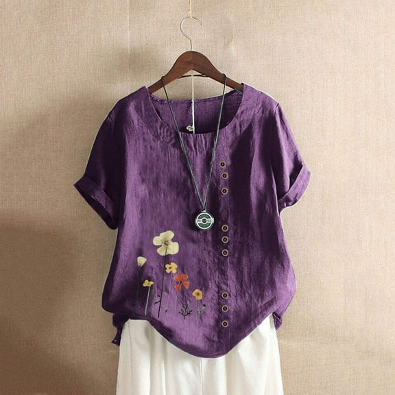 Yaoyar Cotton Linen Tops for Womens 2024 Crewneck Roll Up Short Sleeve Tshirt Trendy Floral Print Casual Loose Blouse