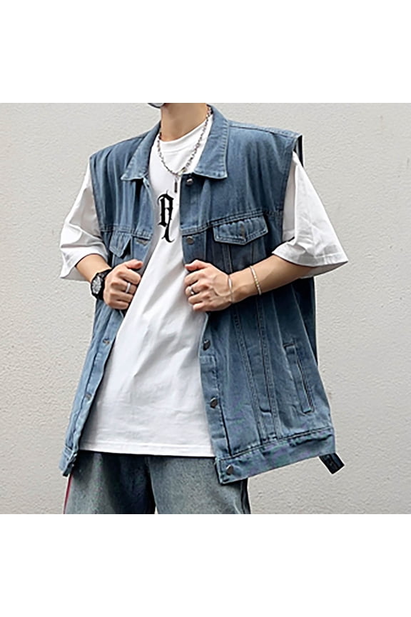 Denim Vest for Men Casual Lapel Solid Color Jeans Vests Fashion Vintage Sleeveless Vest Big And Tall Streetwear Light Blue 2XL