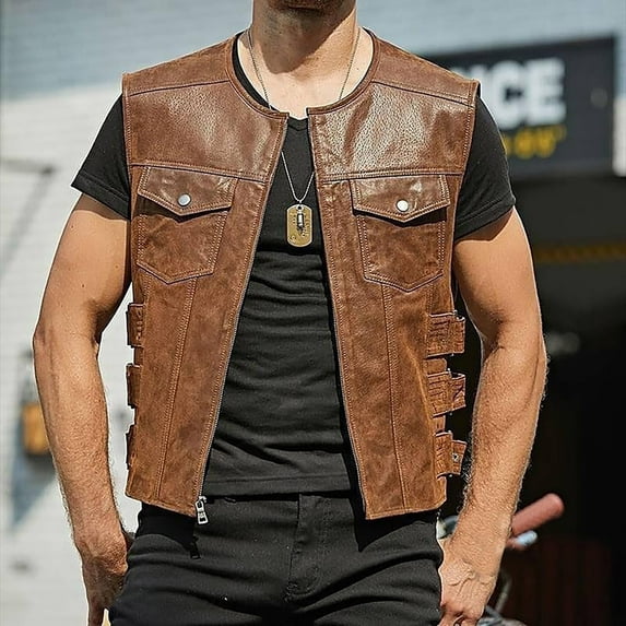 Yaoyar Denim Vest for Men Casual Lapel Solid Color Motorcycle Jeans Vests Fashion Vintage Sleeveless Vest Big And Tall Streetwear Brown 2XL