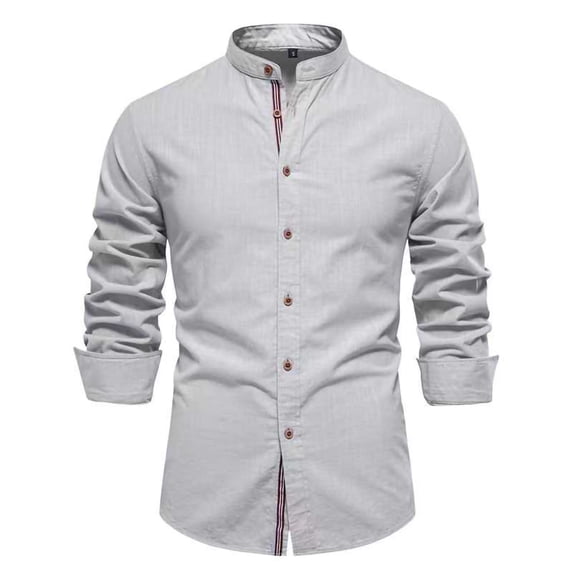 Yaoyar Dress Shirts for Men Long Sleeve Slim Fit Band Collar Cotton Linen Button Down Shirt Summer Business Casual Work Tops