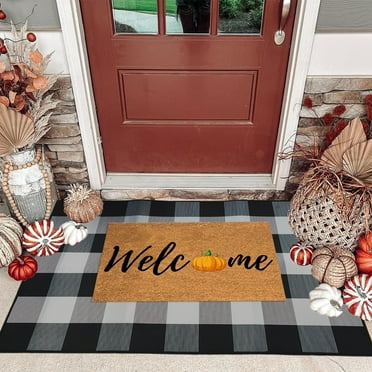 Yaoyar Fall Outdoor Plaid Rug 60x90cm Cotton Hand-Woven Checked Rug Layered Doormats for Front Door Porch Farmhouse Entryway Patio