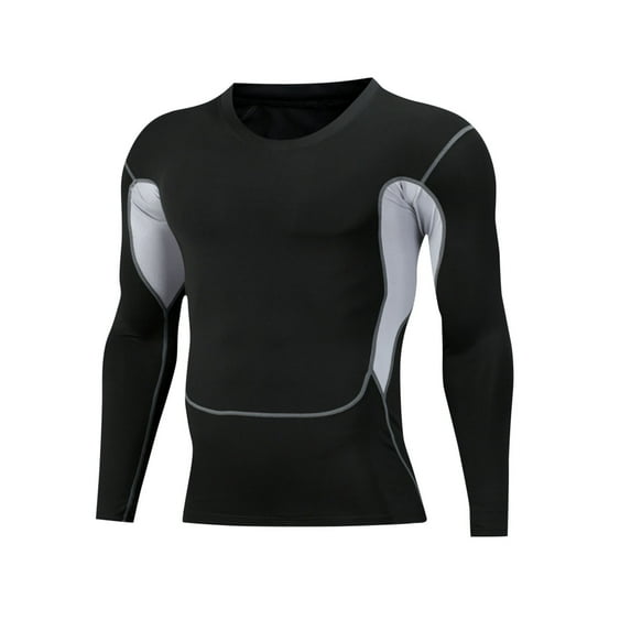 Yaoyar Fashion Men’s Muscle Long Sleeve Athletic High Resilience Bodybuilding T Shirt Gym Workout Shirt Crew Neck Slim Fit Tee Plain Color Tops,Black,2XL