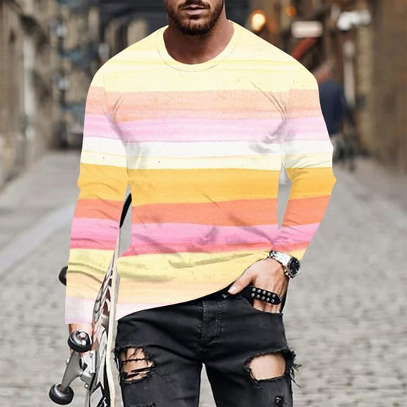 Yaoyar Fashion Shirts for Men Fall Loose Long Sleeve Round Neck Print T-Shirts Trendy Casual Workout Tops,Multicolor,L