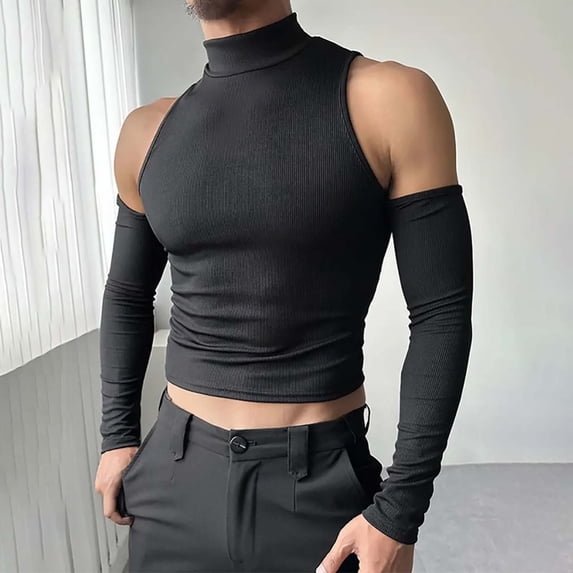 Yaoyar Fashion Slim Fit Long Sleeve Top for Men, Solid Color Athletic Tee with Shoulder Cut Design, Modern Casual and Gym Wear Pullover