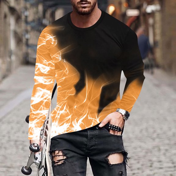 Yaoyar Flame Graphic Print Long Sleeve Tee for Men, Casual Crewneck Top with Bold Design, Stylish Streetwear Shirt