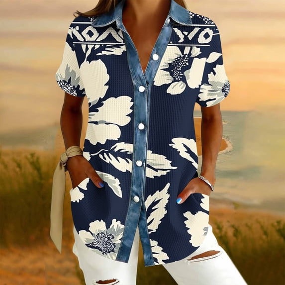 Ounisa Floral Printed Shirts for Women Casual Waffle Knit Short Sleeve Button Down Collared Tunic Tops Loose Fit Clothes