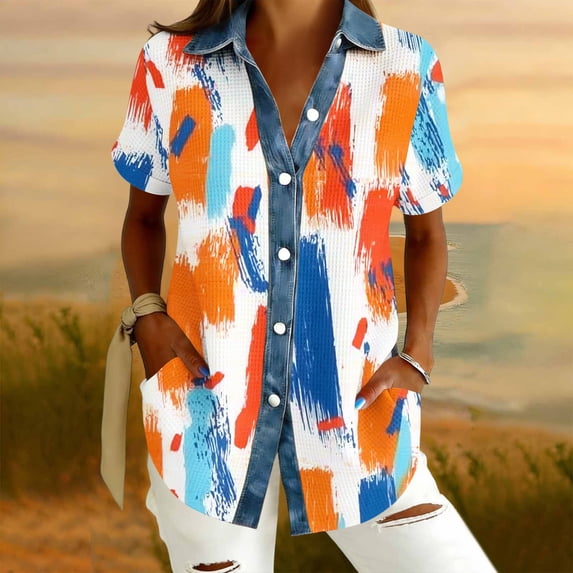 Ounisa Floral Printed Shirts for Women Casual Waffle Knit Short Sleeve Button Down Collared Tunic Tops Loose Fit Clothes