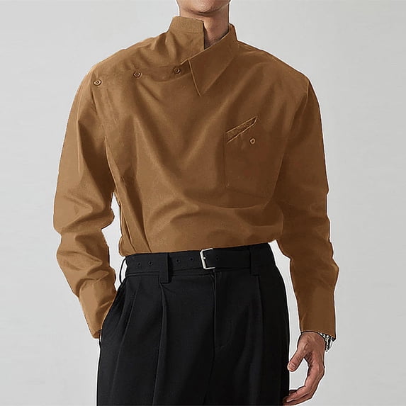 Yaoyar French Vintage Style Shirt for Men, Solid Color Long Sleeve Collared Top with Asymmetric Design and Pocket, Elegant Casual Wear