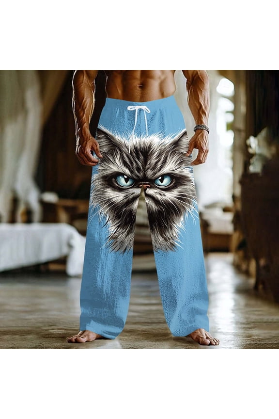 Funny Angry Cat Pants for Men Cotton Linen Pants Elastic Waist Drawstring Loose Casual Lounge Pants with Pockets