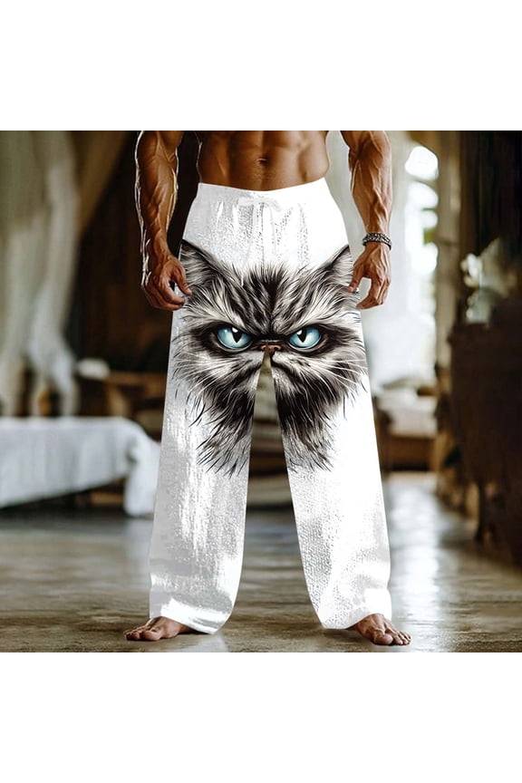 Funny Angry Cat Pants for Men Cotton Linen Pants Elastic Waist Drawstring Loose Casual Lounge Pants with Pockets