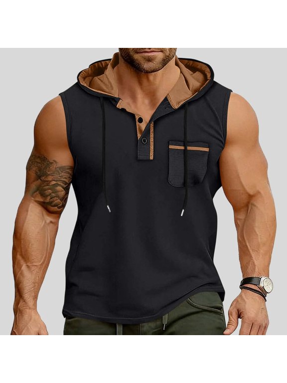 Gym Tank Tops for Men Casual Hooded Vest Stylish Guys Bodybuilding T-Shirt Sleeveless Workout Tee Collared Pullover