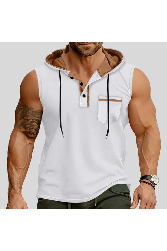 Gym Tank Tops for Men Casual Hooded Vest Stylish Guys Bodybuilding T-Shirt Sleeveless Workout Tee Collared Pullover